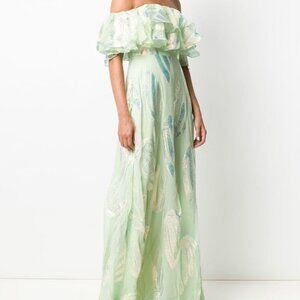 Temperley London Clarisse Long Gown - Jade Green with Iridescent Lame Thread